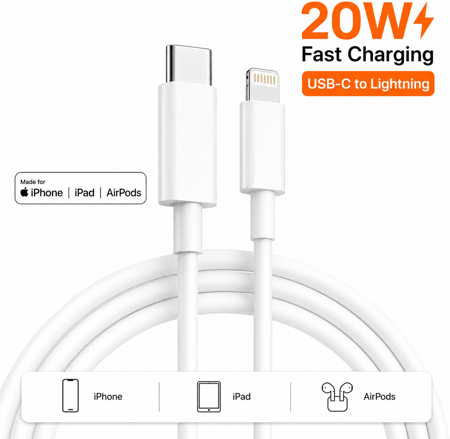 Image of powertronics Lightning Cable 1.2 m USB to Lightnning Cable 20W,[MFi Certified With 2 YEARS WARRANTY*] Fast Charger Cable USB Delivery Cord for IPH0NE 14 /13 /12 /11 /XS /XR /X /8 /Plus. (Compatible with iPhone, iPhone 7, iPhone 8 Plus, iPhone 11, iPhone 12, iPhone 13, iPhone 14, White, MicroUSB To Lightning)