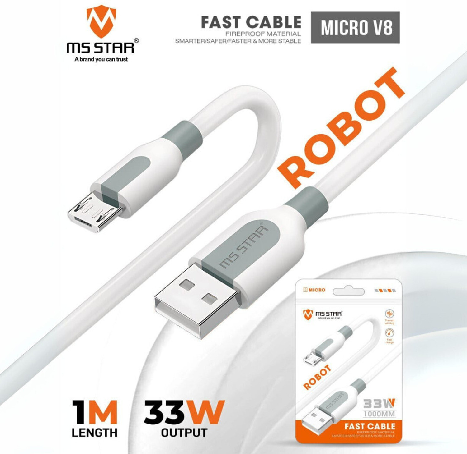 Image of ms star Micro USB Cable 3 A 1 m USB Micro Data Cable 33W Fact Charging Cable Life Time Warranty (Compatible with Mobile, Headphone, Power Bank, White, One Cable, USB Type A To Micro USB)