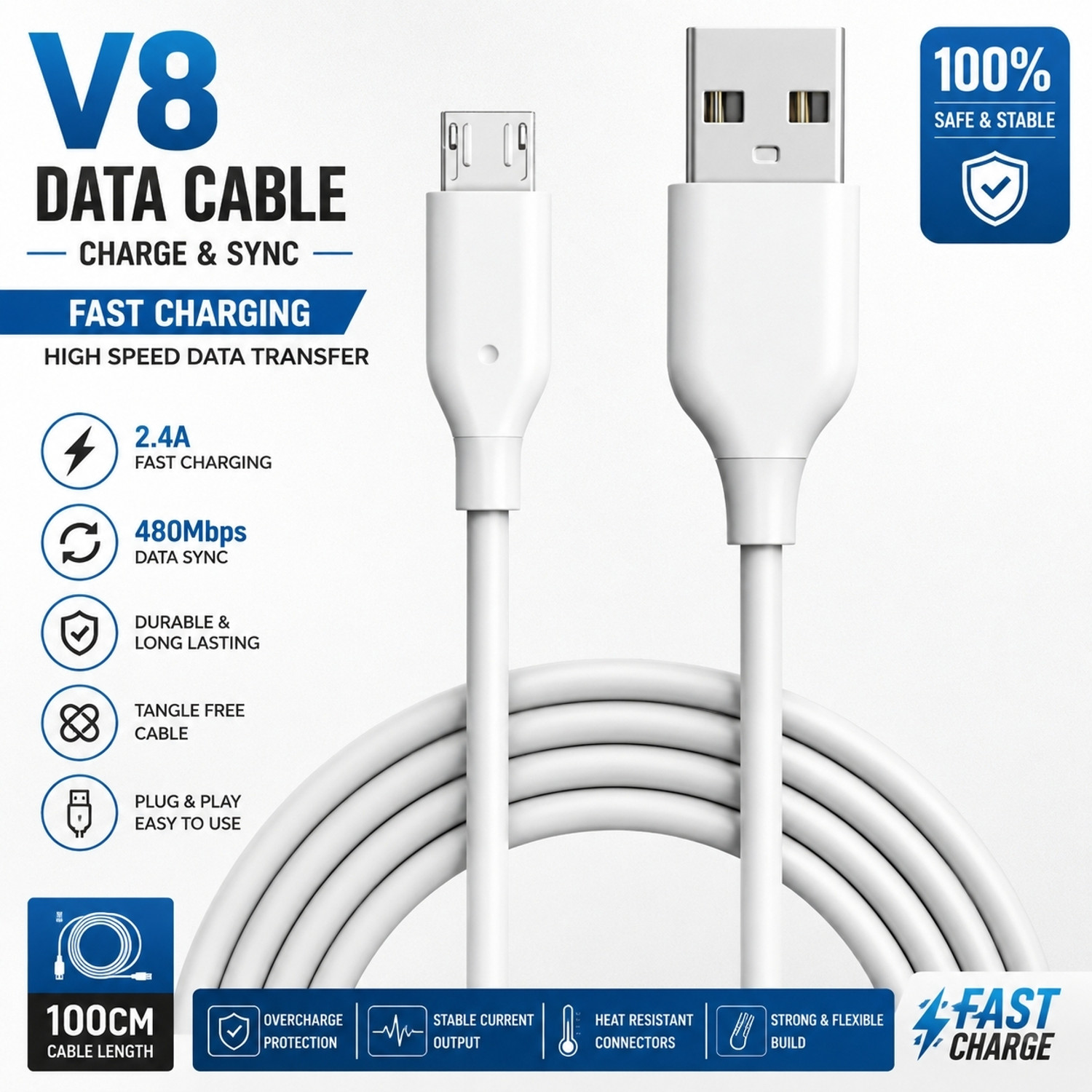 Image of ms star Micro USB Cable 3 A 1 m USB Micro Data Cable 33W Fact Charging Cable Life Time Warranty (Compatible with Mobile, Headphone, Power Bank, White, One Cable, USB Type A To Micro USB)