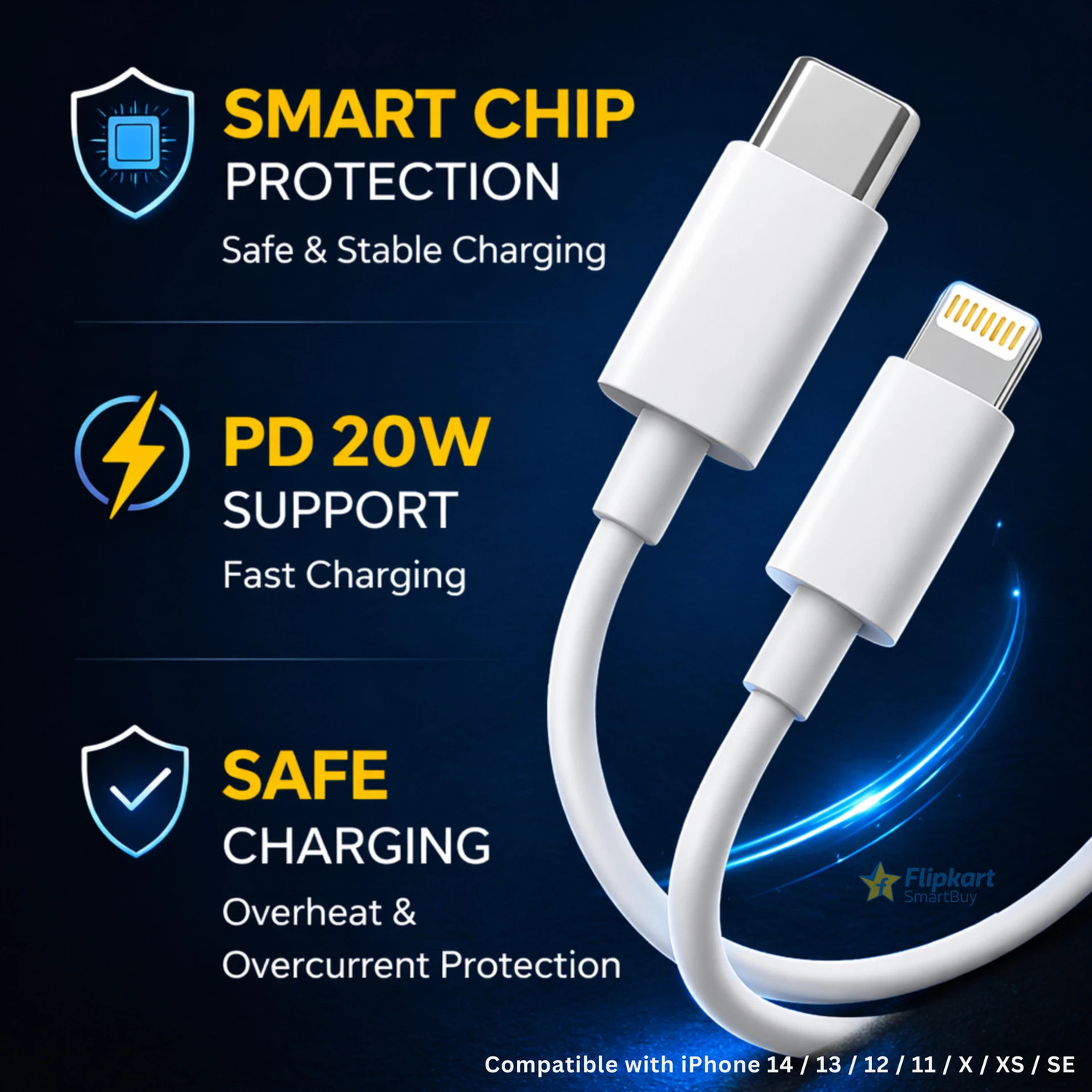 Image of Flipkart SmartBuy Lightning Cable 3 A 1.5 m Long Type C to Lightning Cable (Compatible with iPhone 6 /7 / /8 /X /XS Max /SE /11 /12 /13 /14 Plus, Pro Max, Type C to Lightning cable, White, One Cable, USB Type C To Lightning, 20 W)