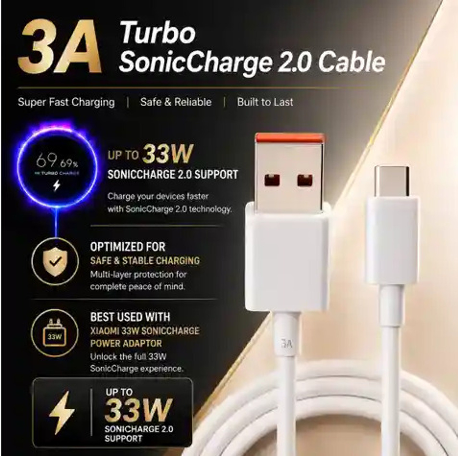 Image of REDMI Type C 3 A 1 m SONICCHARGE TYPE C 33W FAST CHARGING CABLE (Compatible with ALL DEVICES, White, One Cable, USB Type A To USB Type C, 33 W)