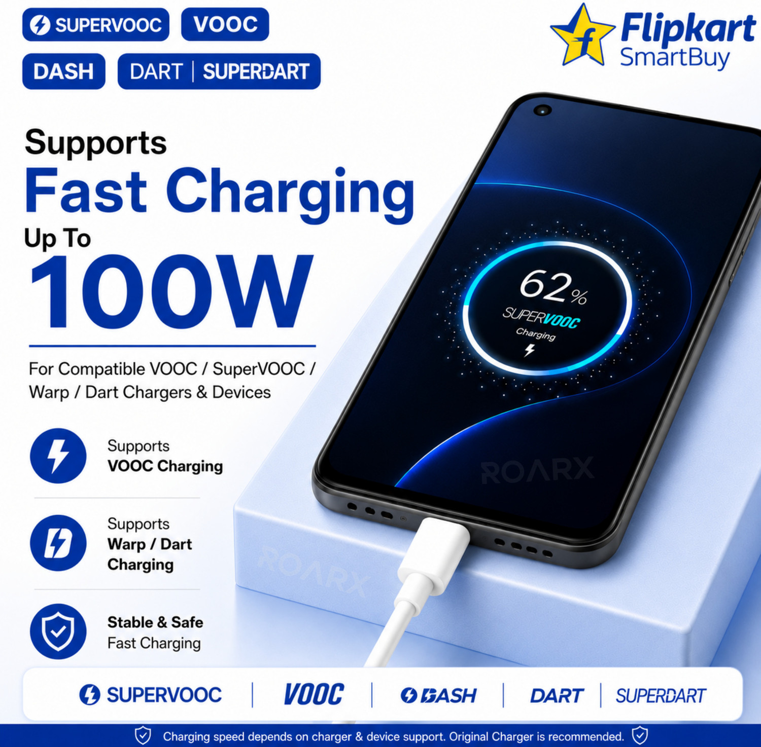 Image of Flipkart SmartBuy USB Type C Cable 10 A 1 m 100W,80W,65W,45W, DART /VOOC /SUPERDART /SUPERVOOC realme /oneplus FAST CHARGING CABLE (Compatible with All Type C Devices, White, One Cable, USB Type A To USB Type C, 100 W)