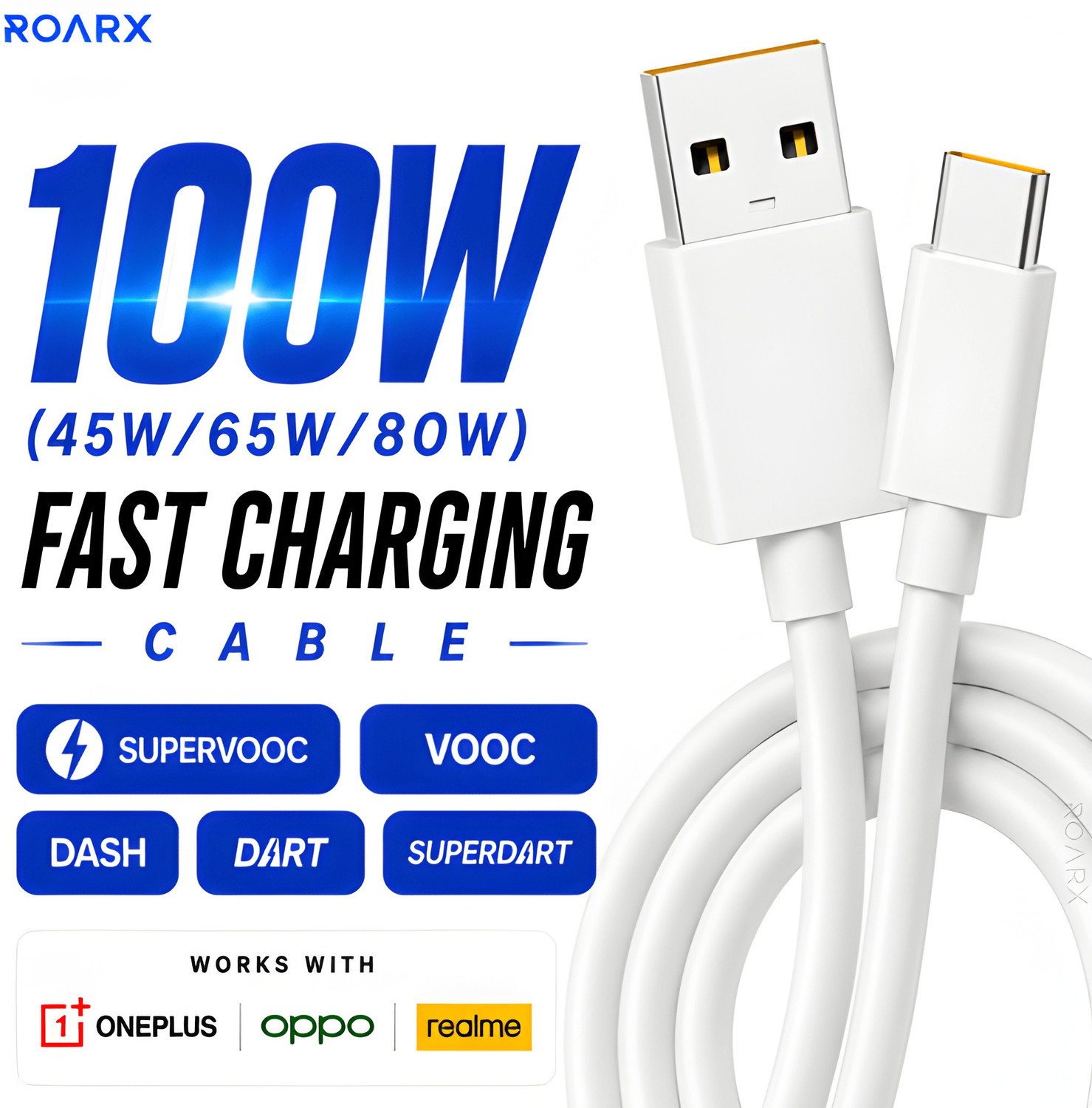 Image of Flipkart SmartBuy USB Type C Cable 10 A 1 m 100W,80W,65W,45W, DART /VOOC /SUPERDART /SUPERVOOC realme /oneplus FAST CHARGING CABLE (Compatible with All Type C Devices, White, One Cable, USB Type A To USB Type C, 100 W)