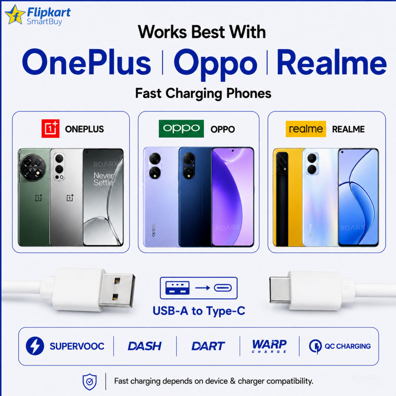 Image of Flipkart SmartBuy USB Type C Cable 10 A 1 m 100W,80W,65W,45W, DART /VOOC /SUPERDART /SUPERVOOC realme /oneplus FAST CHARGING CABLE (Compatible with All Type C Devices, White, One Cable, USB Type A To USB Type C, 100 W)