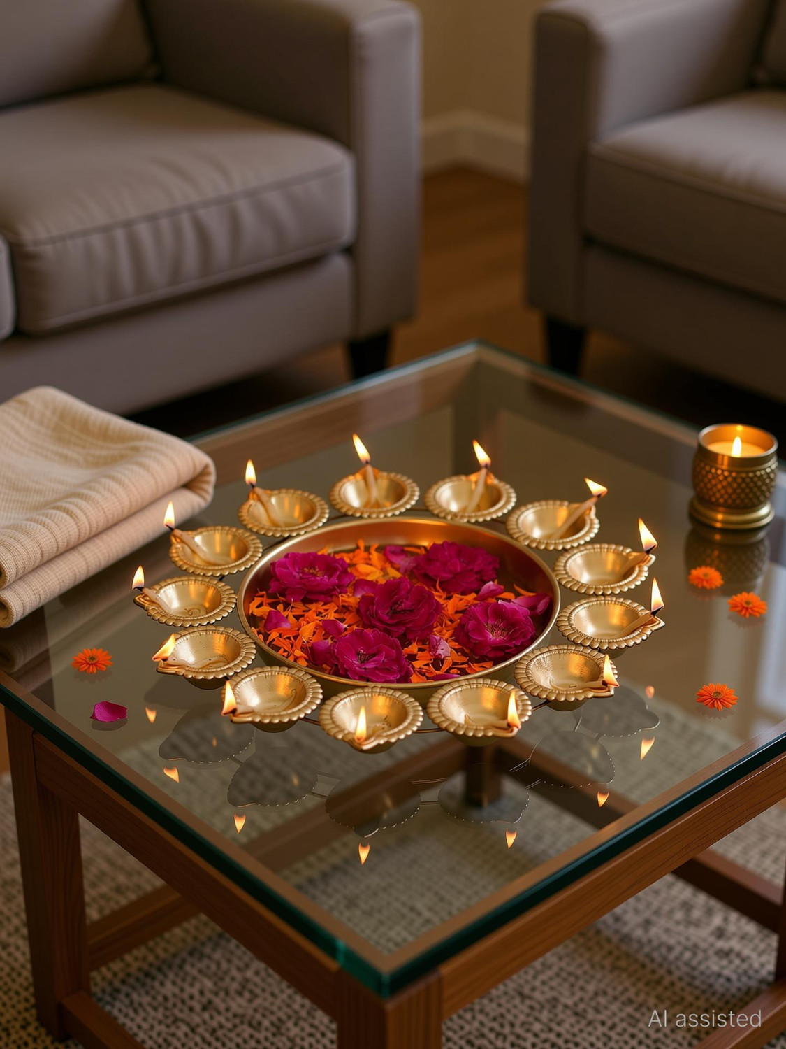 Image of PONTE Pea Cock Design Gold Chhappan Bhog Thali Iron Decorative Platter (Gold)