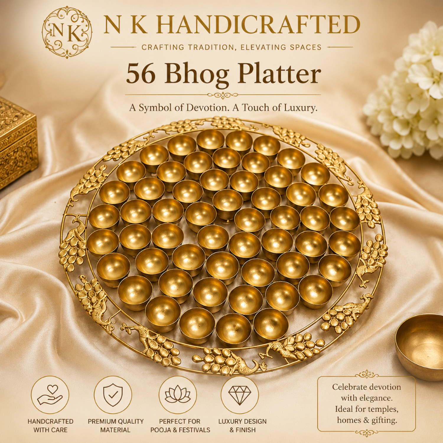 Image of PONTE Pea Cock Design Gold Chhappan Bhog Thali Iron Decorative Platter (Gold)