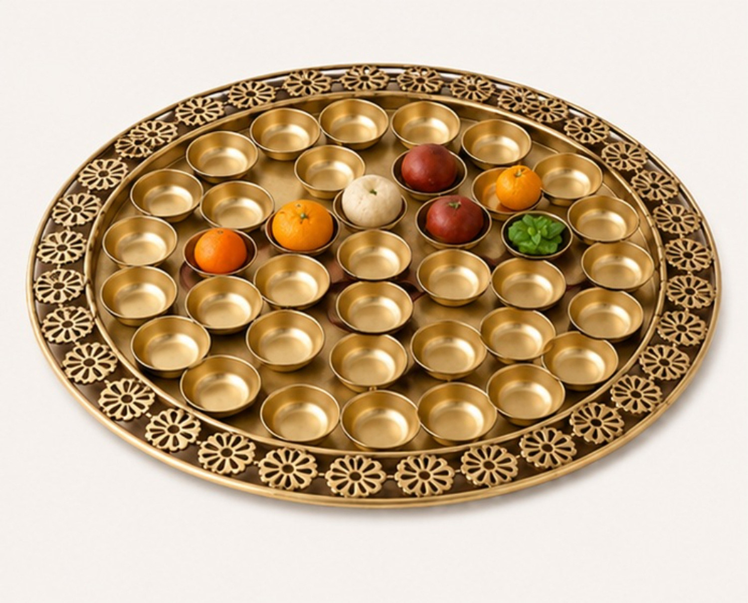 Image of PONTE Pea Cock Design Gold Chhappan Bhog Thali Iron Decorative Platter (Gold)