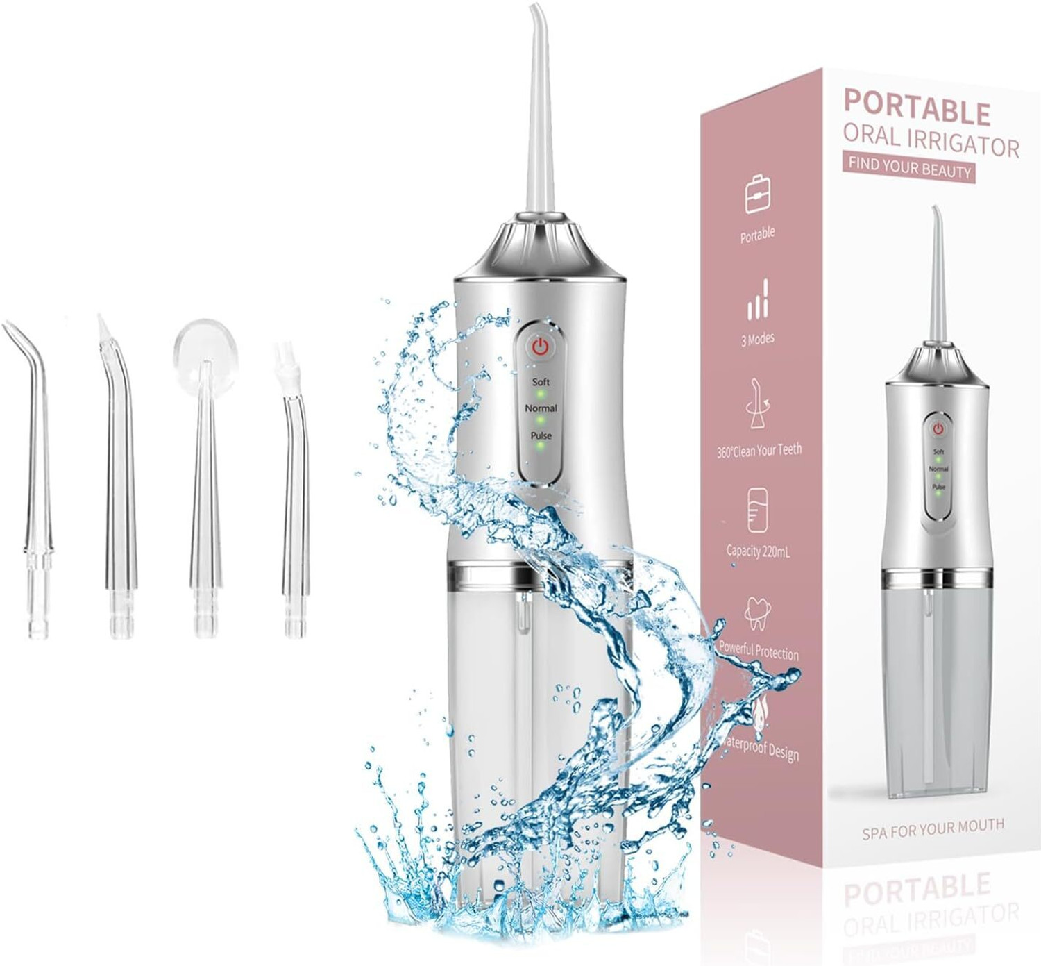 Image of DIOXIT Oral Irrigator with 3 Modes 4 Jets Rechargeable Cleaner, 200ml Water Tank Water Flosser (Cordless)