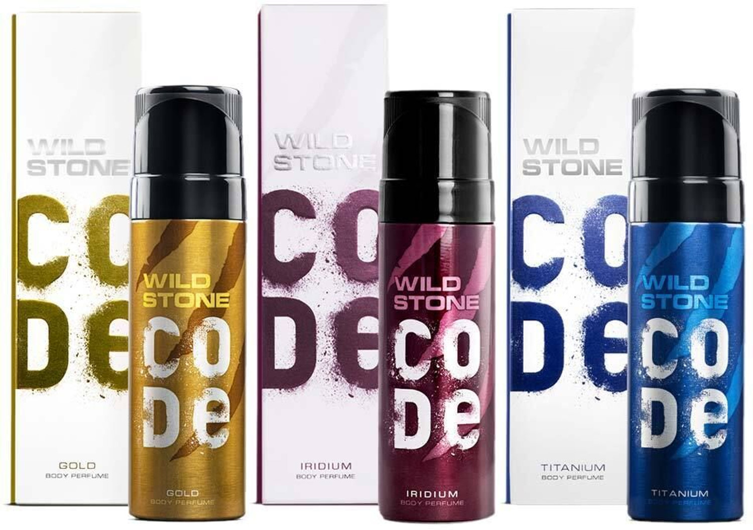 Image of Wild Stone CODE Gold, Titanium & Iridium Long Lasting Deodorant for Men (150 ml each) Body Spray - For Men (450 ml, Pack of 3)