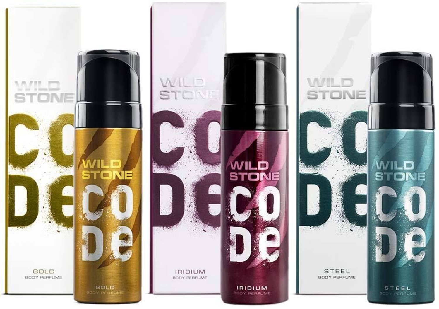 Image of Wild Stone CODE Gold, Titanium & Iridium Long Lasting Deodorant for Men (150 ml each) Body Spray - For Men (450 ml, Pack of 3)