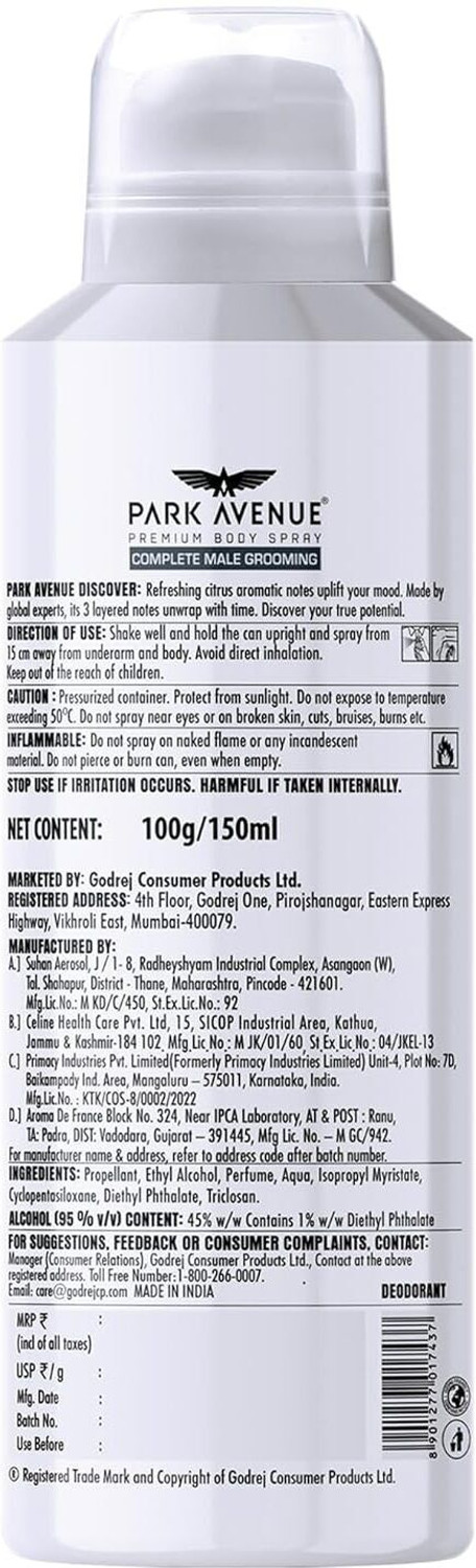 Image of PARK AVENUE Discover Premium Body Spray for Men | Long-Lasting Fresh Deodorant Body Spray - For Men & Women (150 ml)