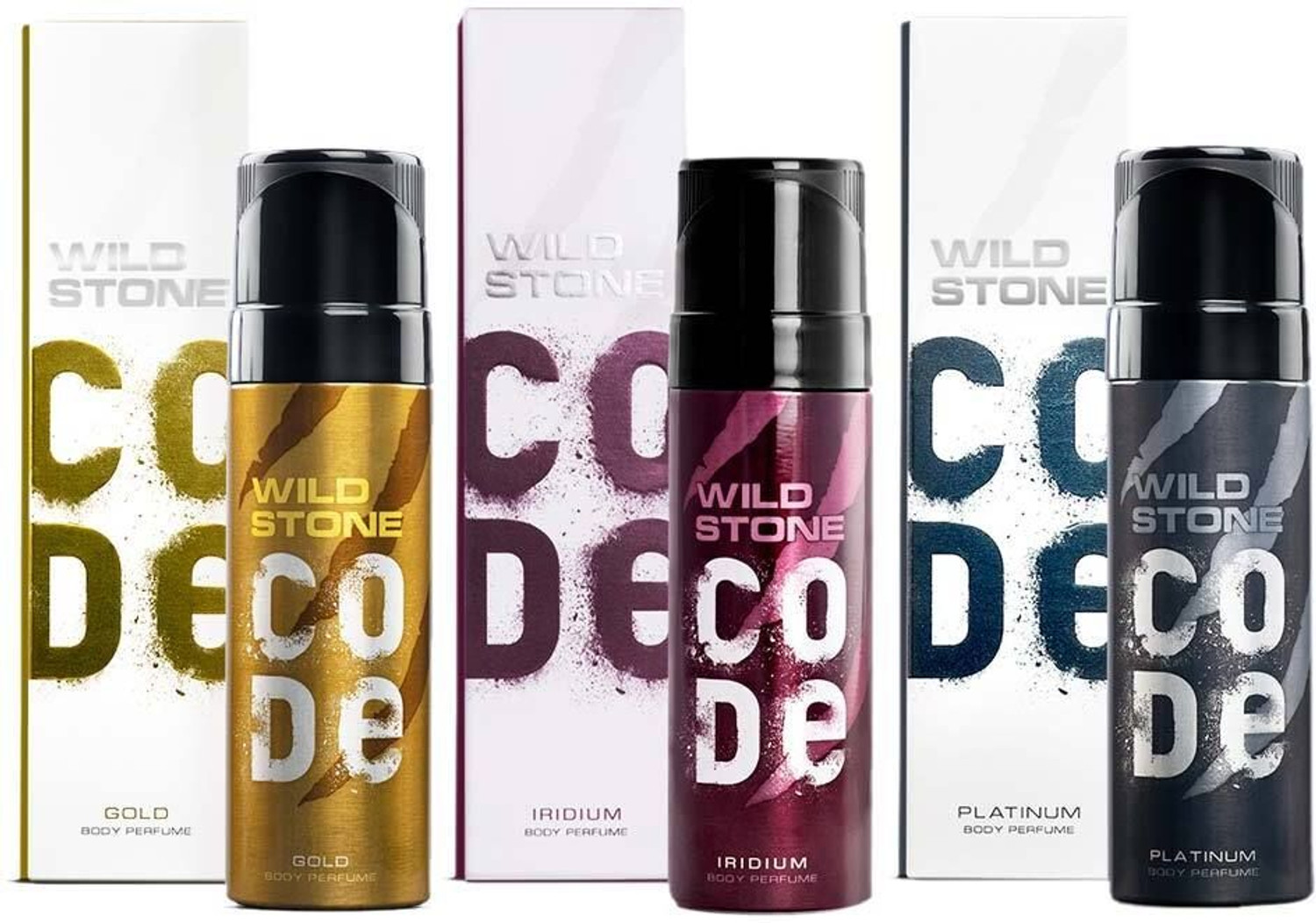 Image of Wild Stone CODE Gold, Titanium & Iridium Long Lasting Deodorant for Men (150 ml each) Body Spray - For Men (450 ml, Pack of 3)