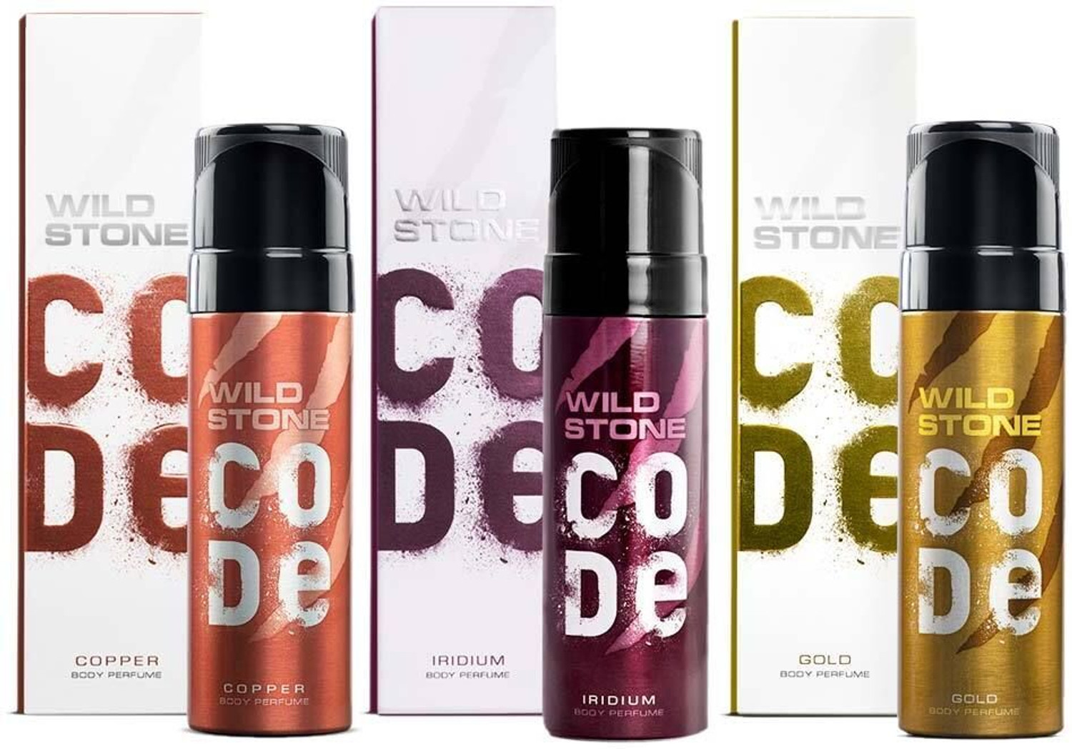 Image of Wild Stone CODE Gold, Titanium & Iridium Long Lasting Deodorant for Men (150 ml each) Body Spray - For Men (450 ml, Pack of 3)