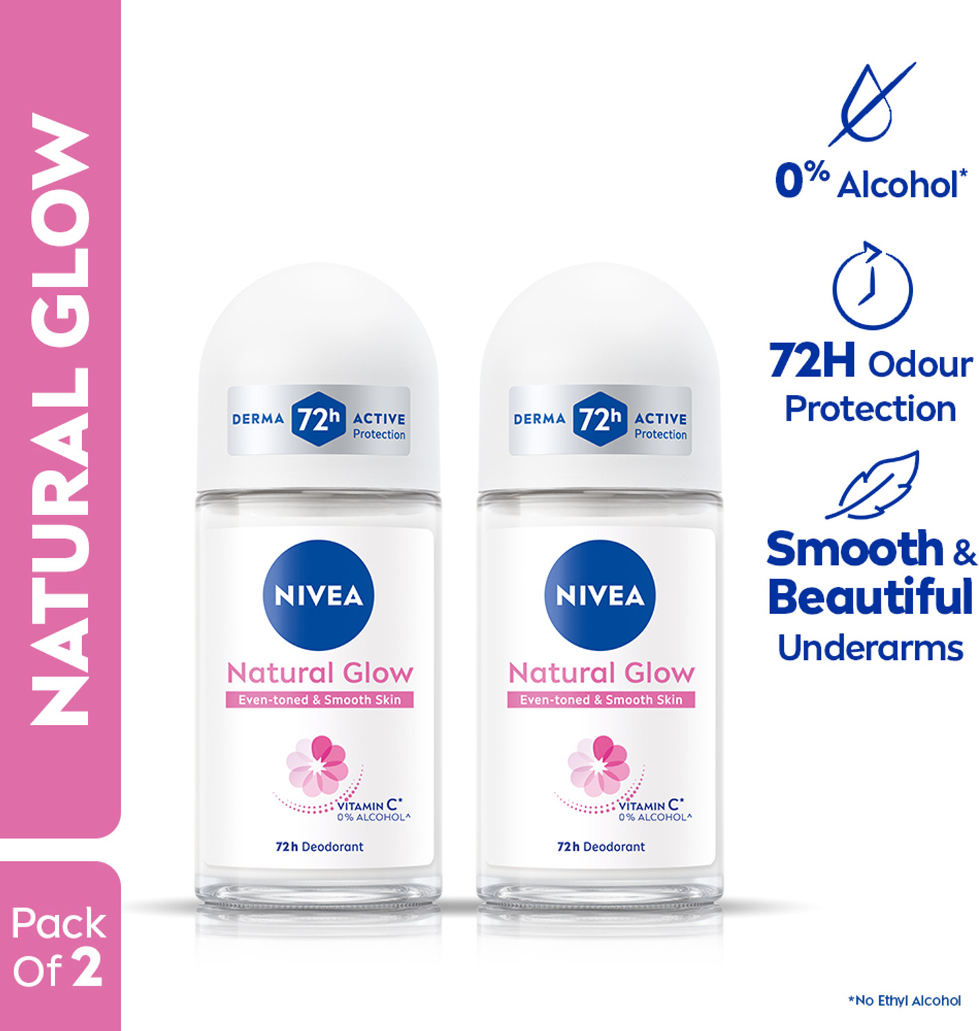 NIVEA Natural Glow, Even Tone & Smooth Skin, with Vitamin C & 0% Alcohol Deodorant Roll-on - For Women