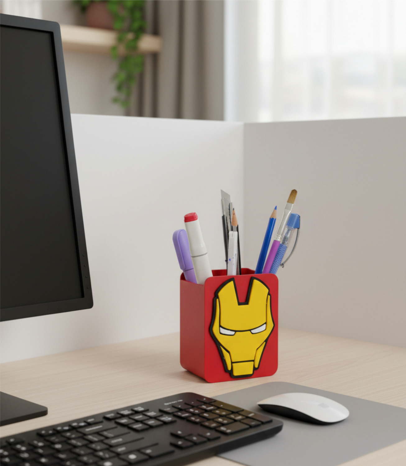 Image of BYSUN 1 Compartments Acrylic Premium Marvel Iron Man Pen Stand (White, Yellow)