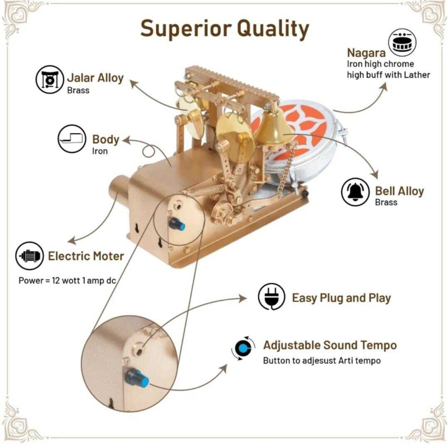 Image of Akshar Tabla Mart Automatic mini electric aarti machine For Home and Temples Nut & Bolts Dholak (Gold)