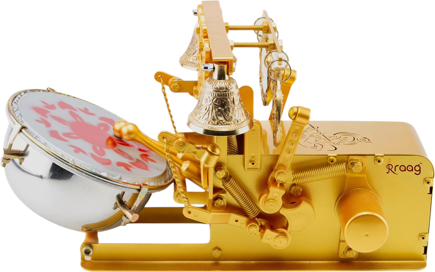 Image of RRAAG Automatic Aarti Machine With Shankh, Mayur, Birds & 15 Mantra Embossed (KRISHNA) Nut & Bolts Dholak (Gold)