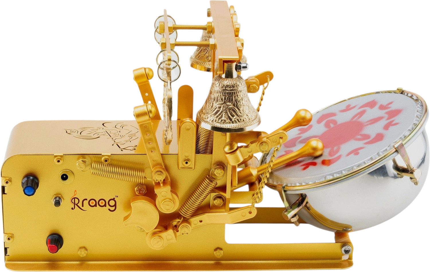 Image of RRAAG Automatic Aarti Machine With Shankh, Mayur, Birds & 15 Mantra Embossed (KRISHNA) Nut & Bolts Dholak (Gold)