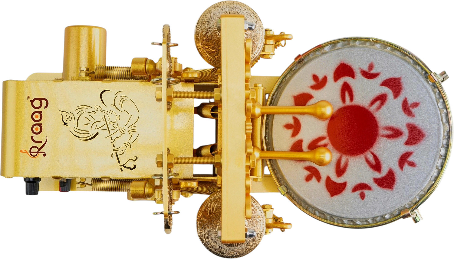 Image of RRAAG Automatic Aarti Machine With Shankh, Mayur, Birds & 15 Mantra Embossed (KRISHNA) Nut & Bolts Dholak (Gold)