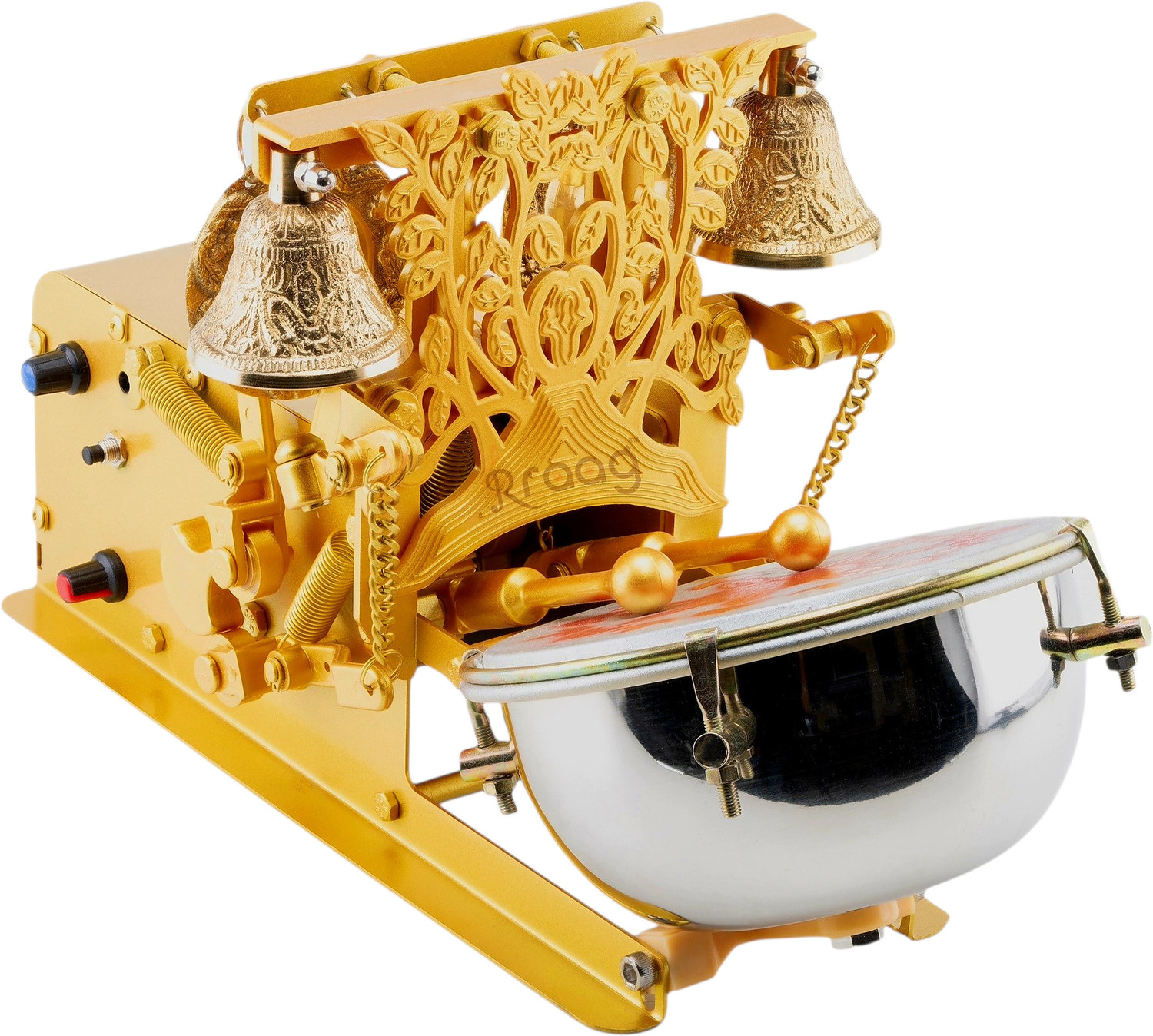 Image of RRAAG Automatic Aarti Machine With Shankh, Mayur, Birds & 15 Mantra Embossed (KRISHNA) Nut & Bolts Dholak (Gold)