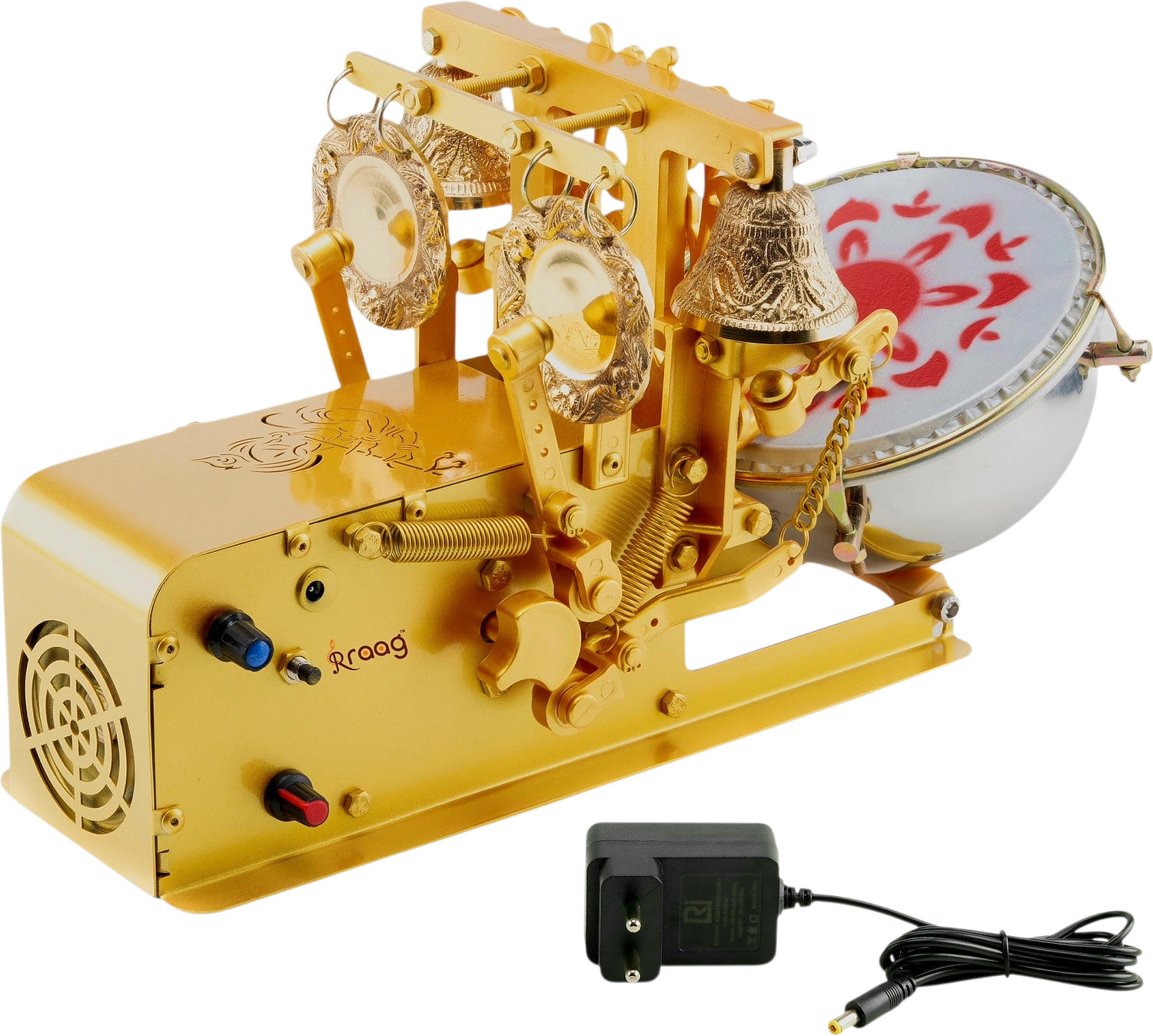 Image of RRAAG Automatic Aarti Machine With Shankh, Mayur, Birds & 15 Mantra Embossed (KRISHNA) Nut & Bolts Dholak (Gold)