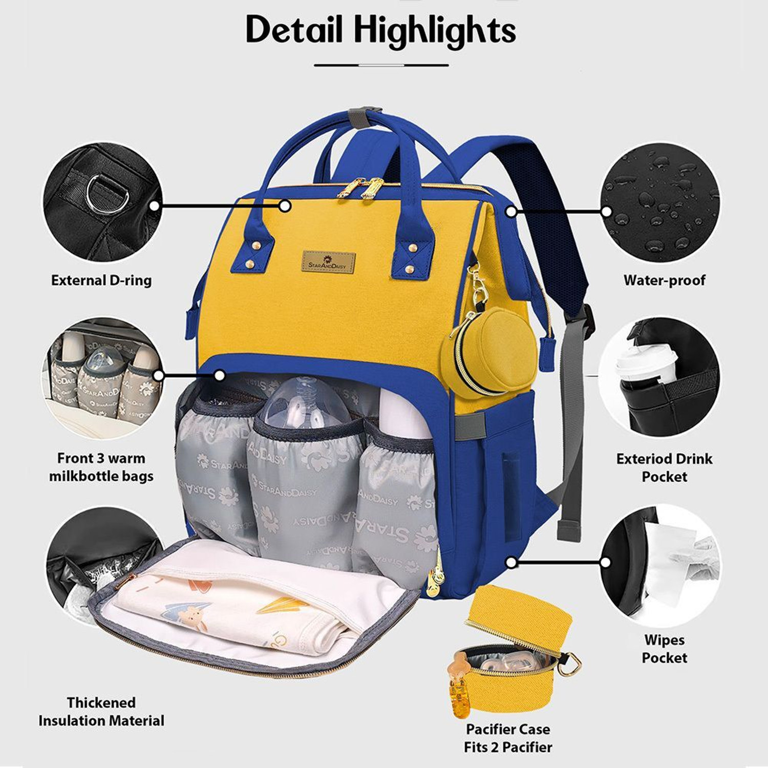 Image of StarAndDaisy Premium Baby Diaper Bag Spacious, Waterproof Backpack with Multiple Pockets Mothers Maternity Bags for Travel Diaper Backpack (Blue , Yellow)