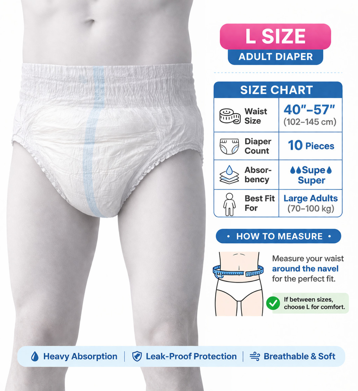 Image of Dr pedical Imported Adult Diaper for Women and Men, 24 Hours Protection, 80-120 Cm, 8 Pcs Adult Diapers - M