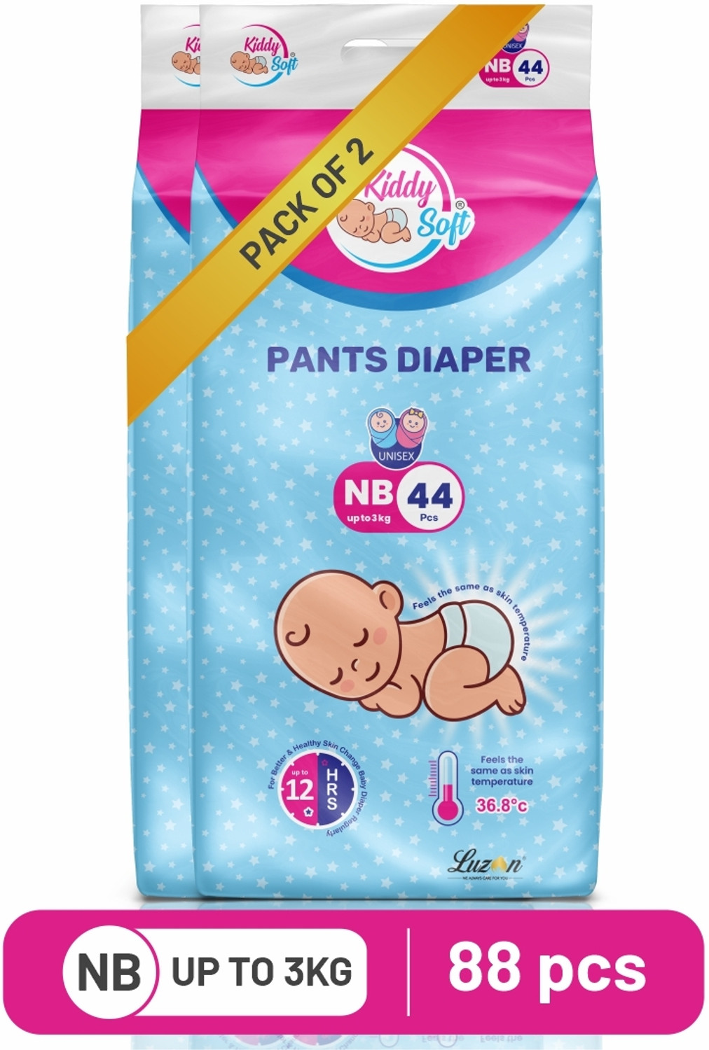 Image of KiddySoft Soft & Comfortable Baby Pant Diapers Tape Diapers - New Born (88 Pieces)