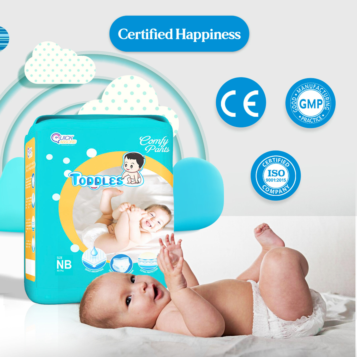 Image of TODDLES Comfy Baby Diaper Pants (Size -NB /XS) Upto 5 kg with Quick Absorption Technology Pant Diapers - New Born (44 Pieces)