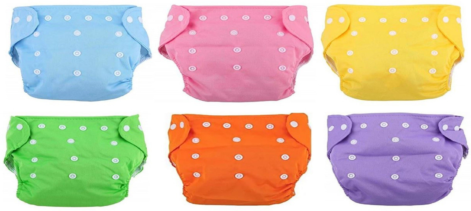 Image of TINNY TOTS Pack of 6 Pocket Button Style Baby Reusable Cloth Diaper Nappies (Without Inserts) Washable Quick-Dry Adjustable All-In-One Diapers Wetfree For New Borns /Toddlers /Infants /New Borns(B,P,Y,G,O) Pant Diapers - S - M (6 Pieces)