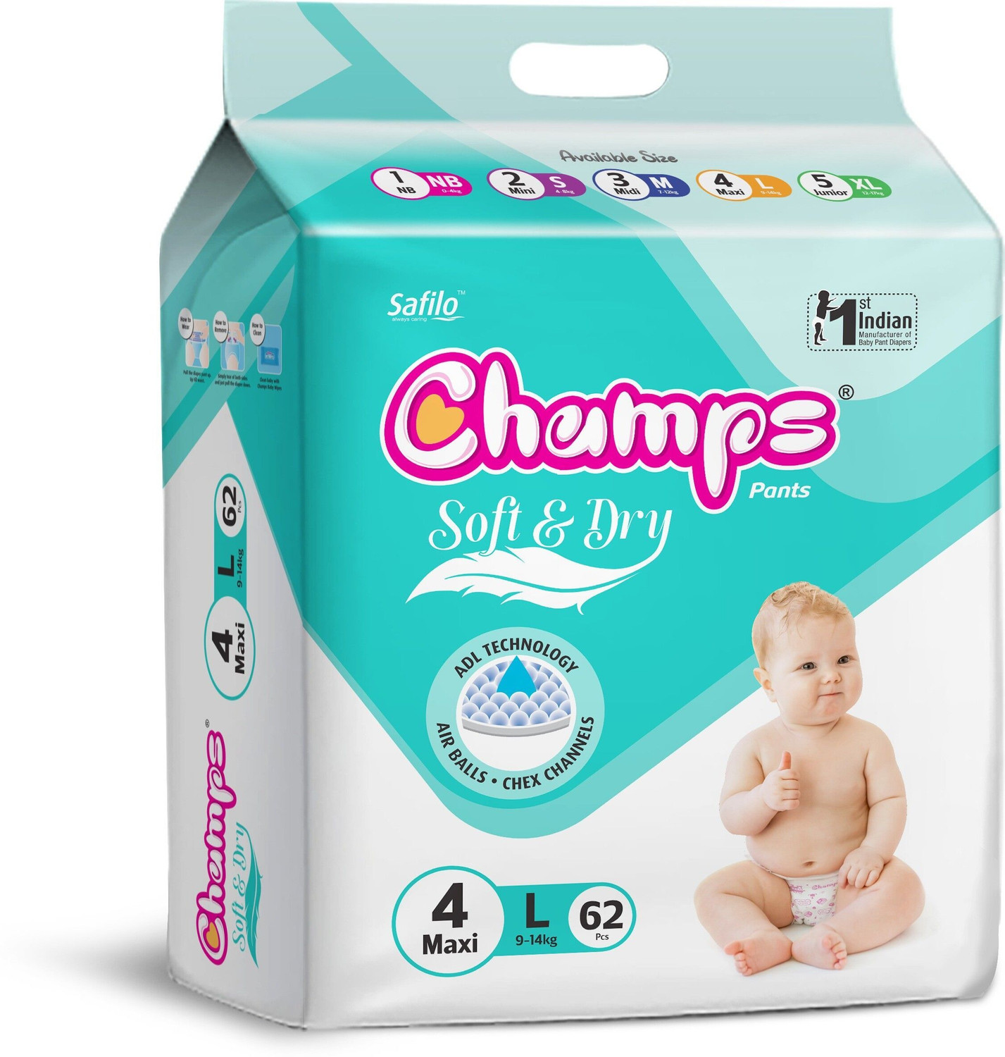 Image of Champs High Absorbent Baby Diaper Pants|Pack of 1 Pant Diapers - M (40 Pieces)