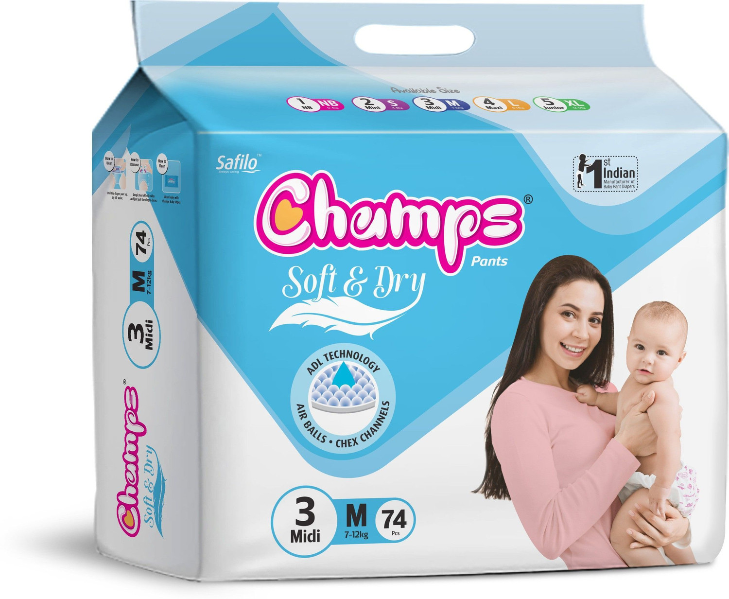 Image of Champs High Absorbent Baby Diaper Pants|Pack of 1 Pant Diapers - M (40 Pieces)