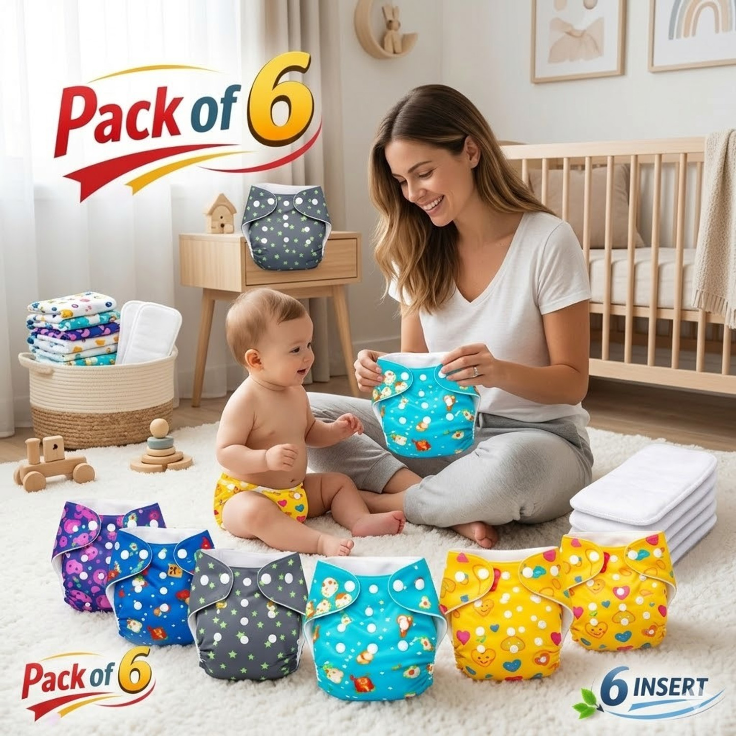 Image of ocean count Baby washable New cloth Diapers combo of 6 Nappies with Multi Layered Pant Diapers - New Born (6 Pieces)