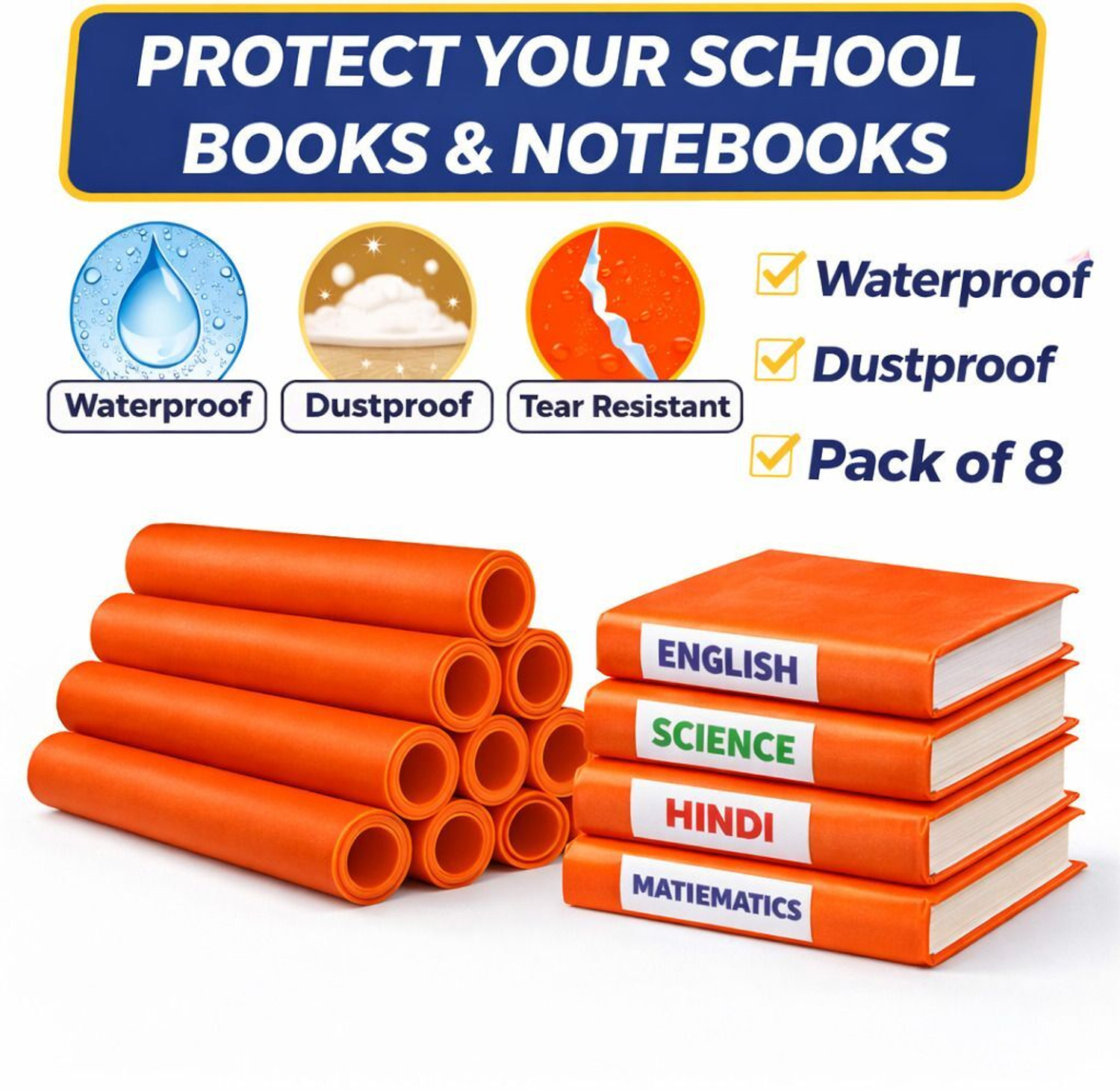 Image of JPPL Orange Notebook Cover Roll 14 Inch x 3 Meter Book Wrapping Sheet Regular Notebook Unruled 0 Pages (Orange, Pack of 8)