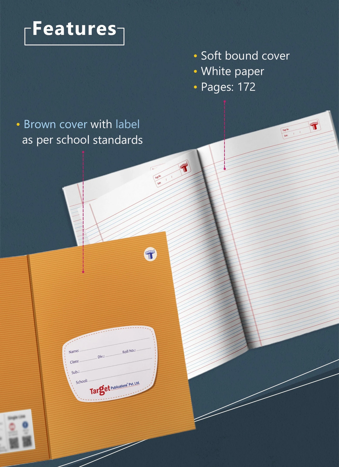 Image of Target Publications Small Notebooks Four Line (76 Ruled Pages) | Soft Brown Cover | 18 cm x 24 cm Approx | Red and Blue Line Writing Practice Books with Page Numbers | Pack of 12 Books | GSM 58 Regular Notebook Ruled Pages 912 Pages (Brown, Pack of 12)
