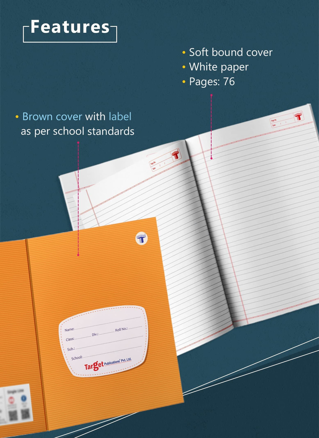 Image of Target Publications Small Notebooks Double Line |18 x 24 cm Approx|Writing Books| GSM 58| Set of 12 Regular Notebook Ruled 76 Pages (Brown, Pack of 12)