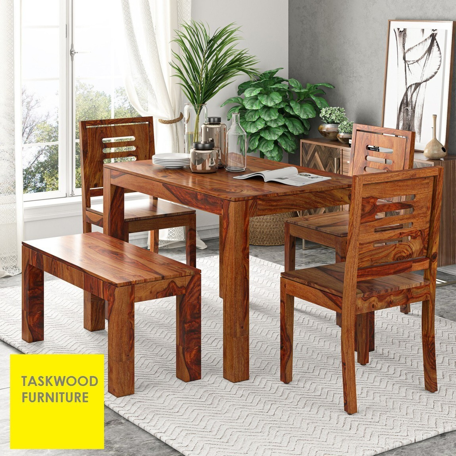 Image of Devsignature Solid Sheesham Wood Six Seater Dining Set For Kitchen , Hotel , Restaurant Solid Wood 6 Seater Dining Set (Finish Color -Walnut, DIY(Do-It-Yourself))