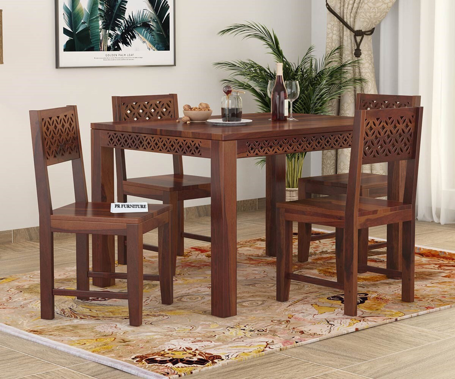 Image of Ghodela Furniture Solid Sheesham Wood 4 Seater Dining Table Set with 4 Chairs for Dining Room Solid Wood 4 Seater Dining Set (Finish Color -Honey Finish, DIY(Do-It-Yourself))