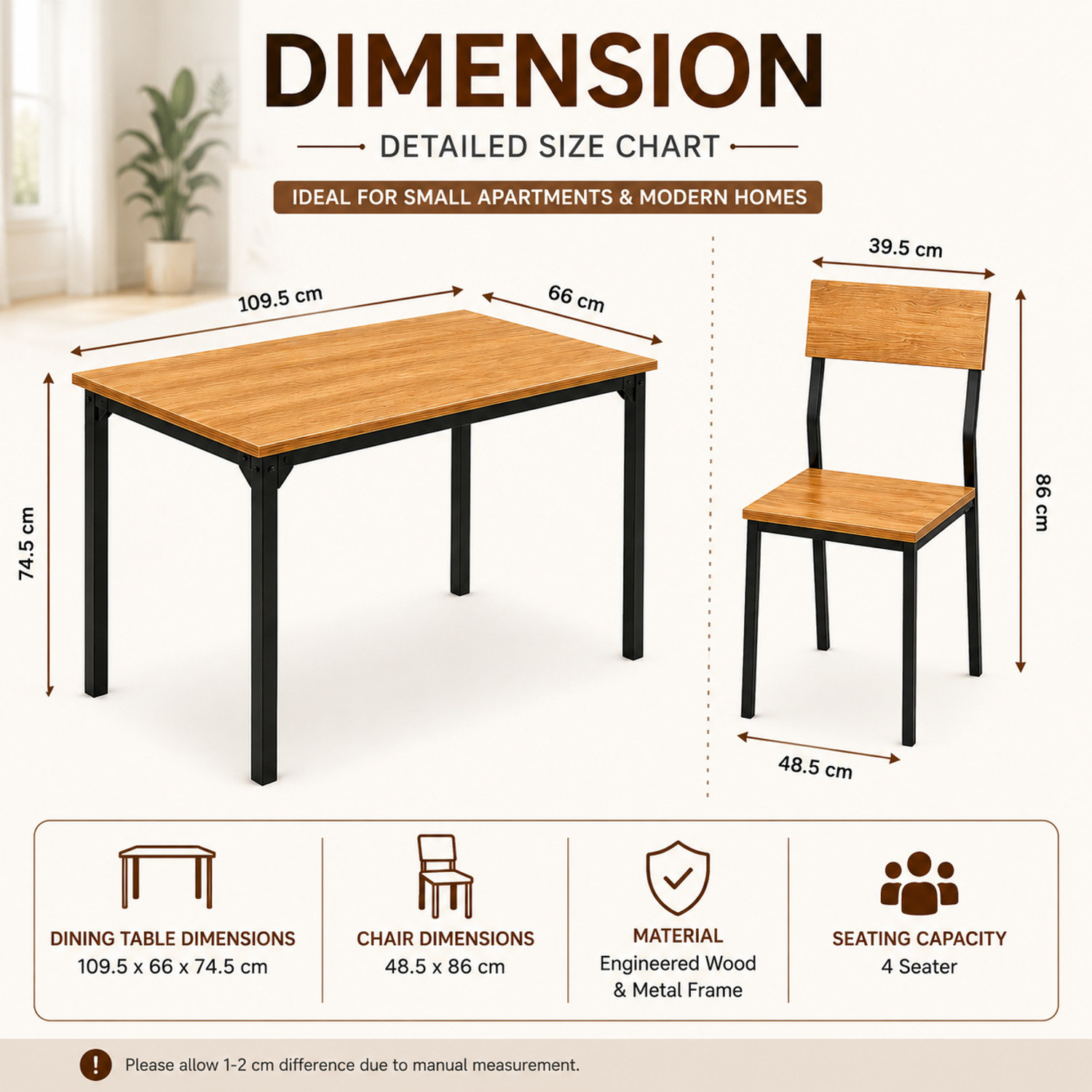 Image of furniba 4 Seater Dining Table Set for Home | dining set with chairs | Engineered Wood 4 Seater Dining Set (Finish Color -oak, DIY(Do-It-Yourself))