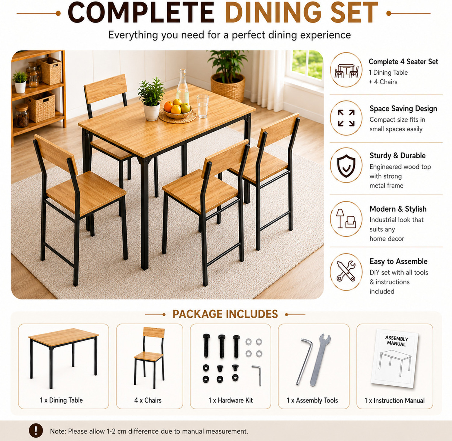 Image of furniba 4 Seater Dining Table Set for Home | dining set with chairs | Engineered Wood 4 Seater Dining Set (Finish Color -oak, DIY(Do-It-Yourself))