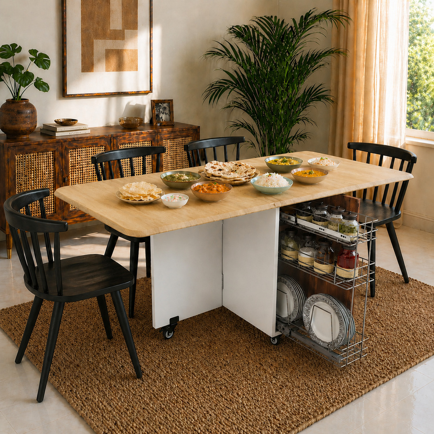 Image of FORKTAIL Space saving folding dining table with 2 tier Storage ( Without chairs) Engineered Wood 6 Seater Dining Table (Finish Color - MultiColor, DIY(Do-It-Yourself))