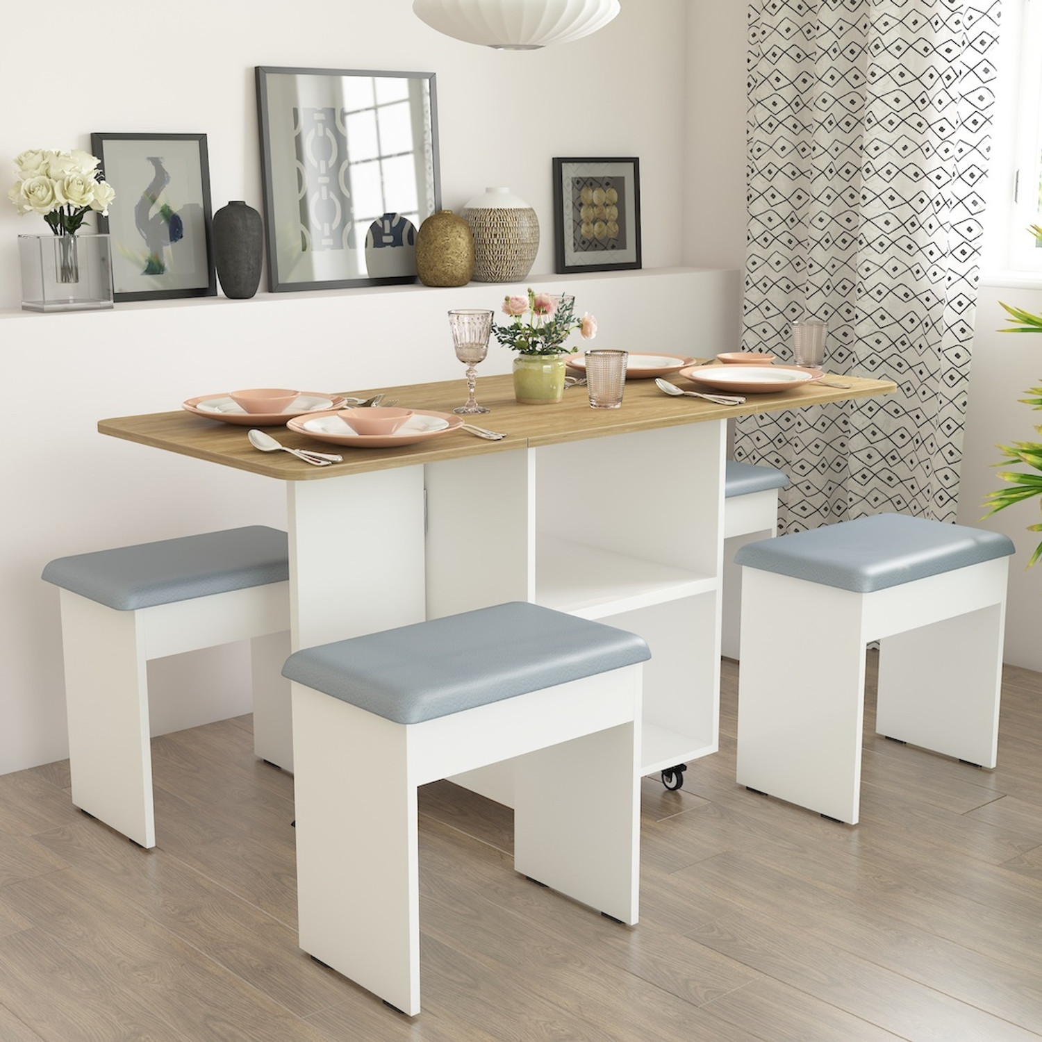 Image of FORKTAIL Space saving folding dining table with 2 tier Storage ( Without chairs) Engineered Wood 6 Seater Dining Table (Finish Color - MultiColor, DIY(Do-It-Yourself))