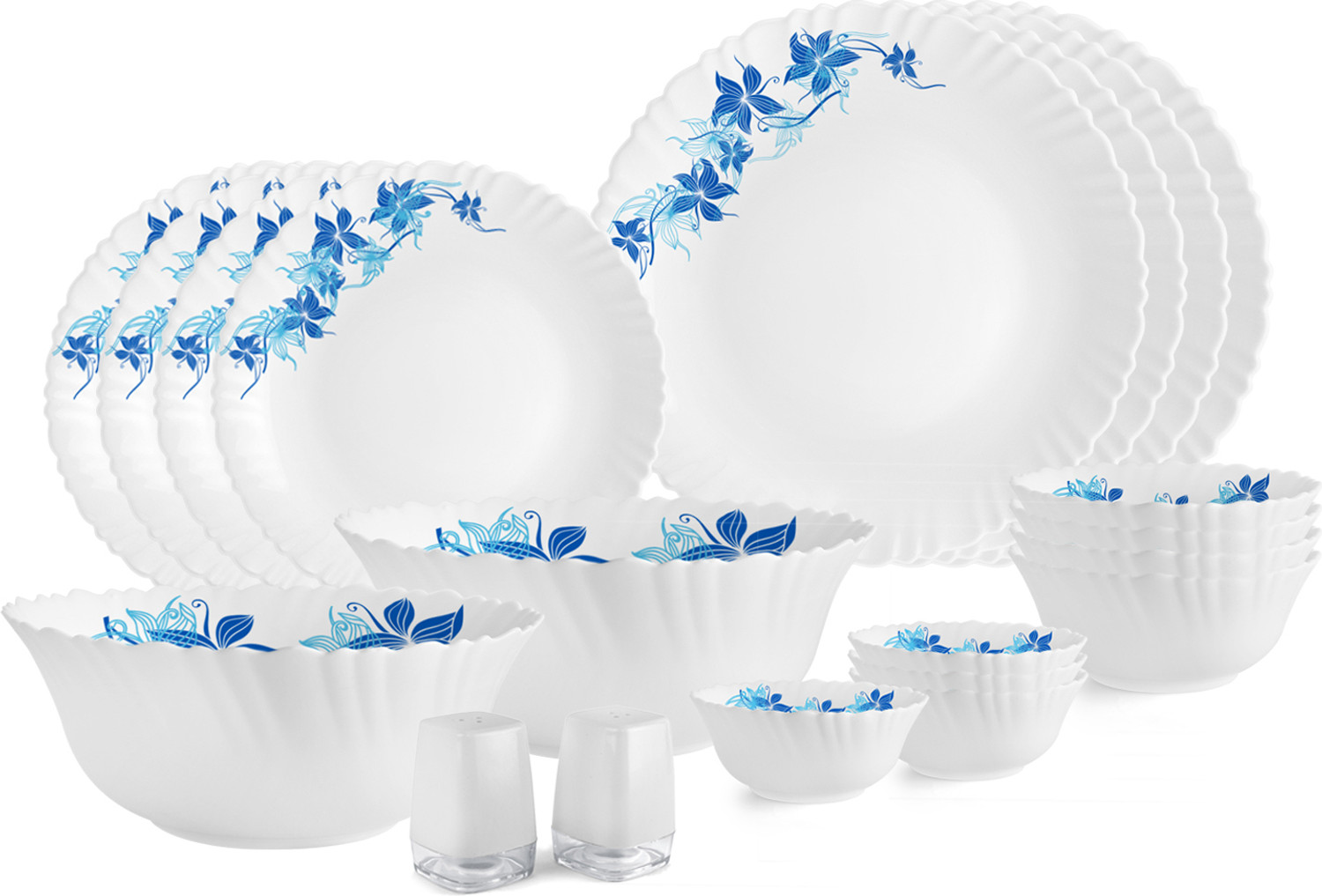 Image of cello Pack of 20 Opalware Dazzle Blue Swirl Dinner Set (White, Microwave Safe)