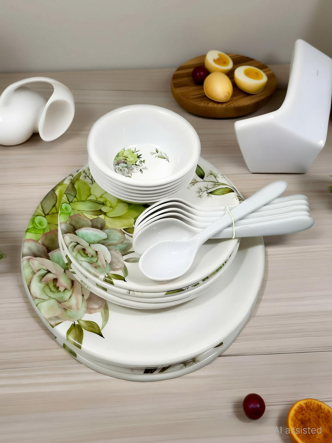 Image of New latest Pack of 23 Melamin Wood and Kemp Daisy Dinner Set (Blue, Microwave Safe)