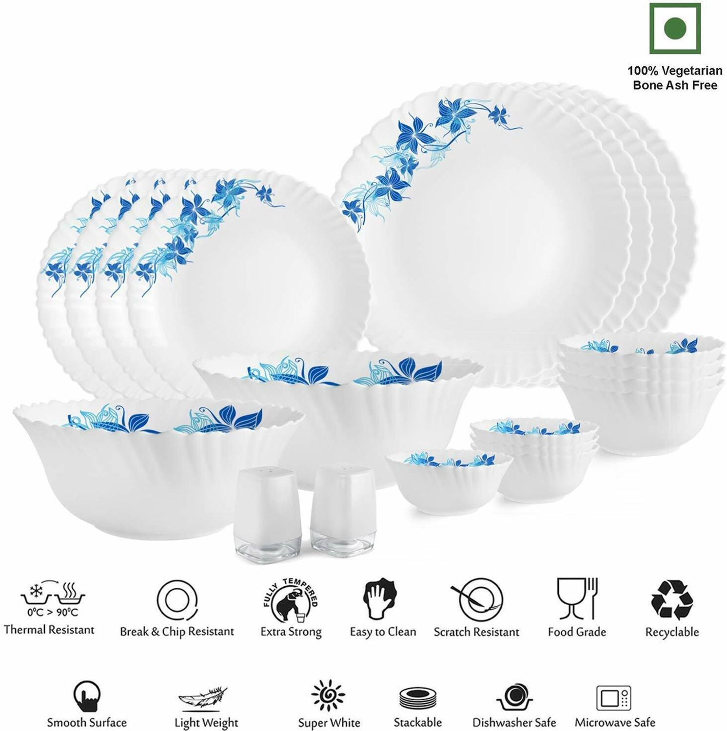 Image of cello Pack of 20 Opalware Dazzle Blue Swirl Dinner Set (White, Microwave Safe)