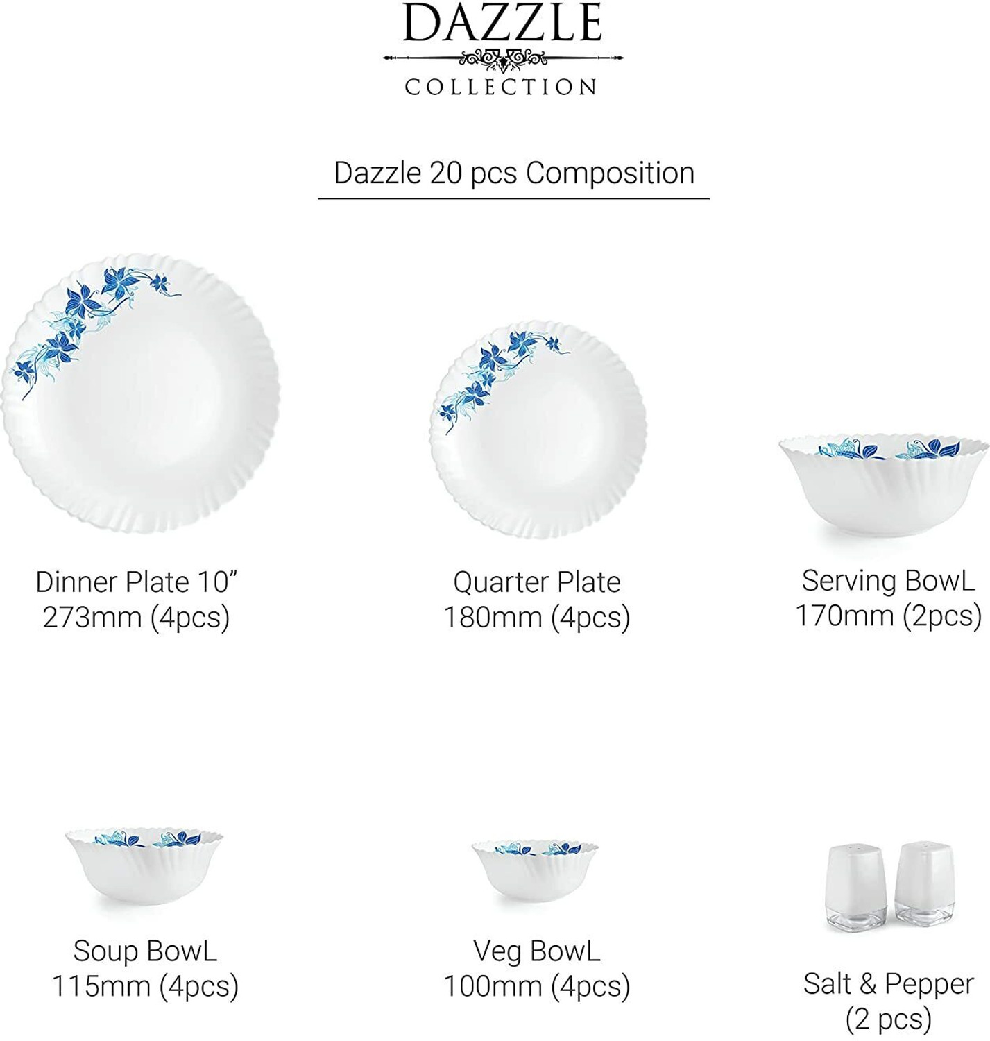 Image of cello Pack of 20 Opalware Dazzle Blue Swirl Dinner Set (White, Microwave Safe)