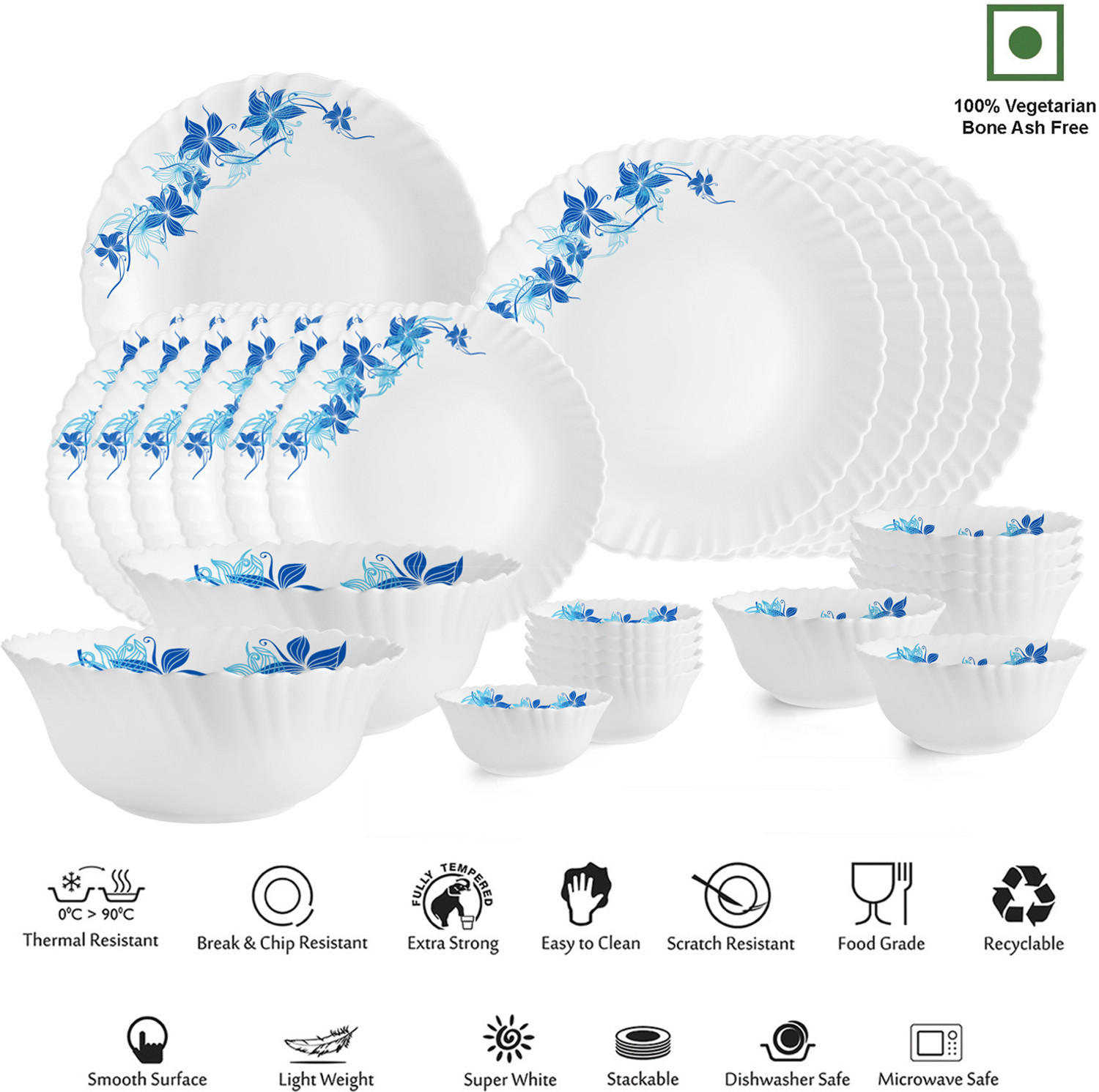 Image of cello Pack of 27 Opalware Dazzle Blue Swirl Crockery Set |Thermal resistant | Easy to Clean | Dinner Set (White, Microwave Safe)