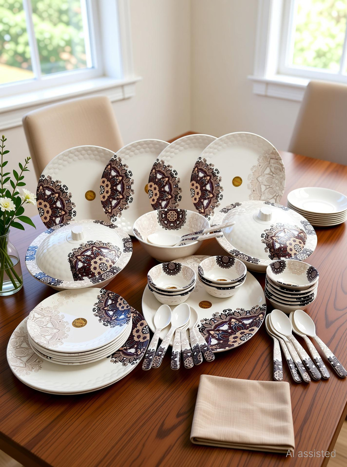 Image of New latest Pack of 23 Melamin Wood and Kemp Daisy Dinner Set (Blue, Microwave Safe)