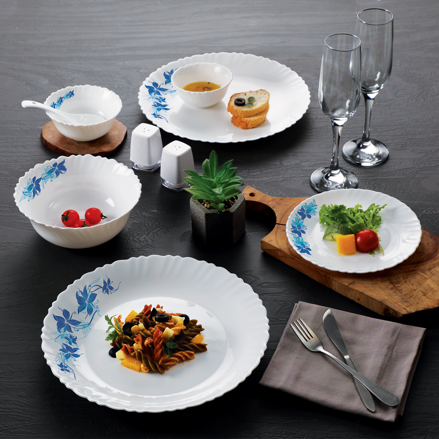 Image of cello Pack of 27 Opalware Dazzle Blue Swirl Crockery Set |Thermal resistant | Easy to Clean | Dinner Set (White, Microwave Safe)