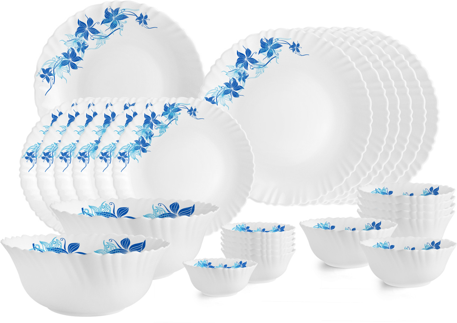 Image of cello Pack of 27 Opalware Dazzle Blue Swirl Crockery Set |Thermal resistant | Easy to Clean | Dinner Set (White, Microwave Safe)